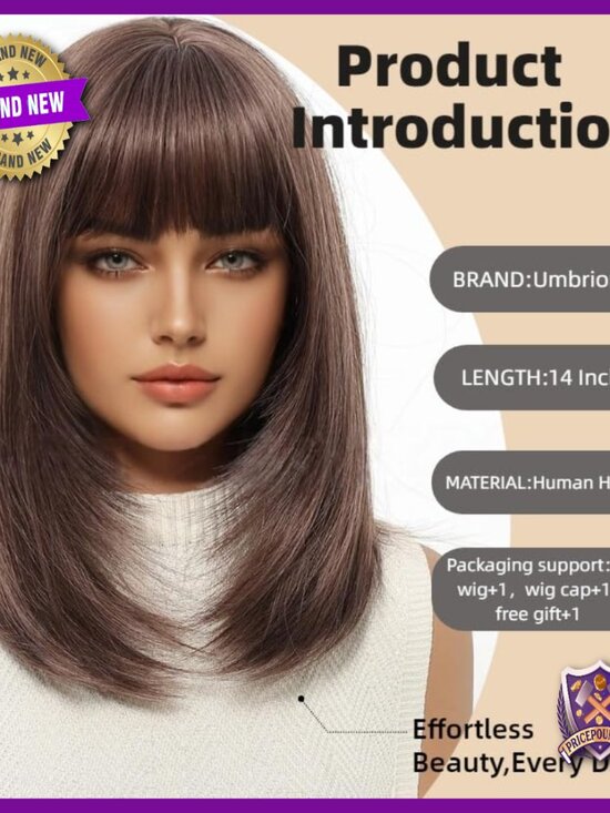 Human Hair Wig Shoulder Length Bob Straight Layered Bangs Glueless Cap main image 4